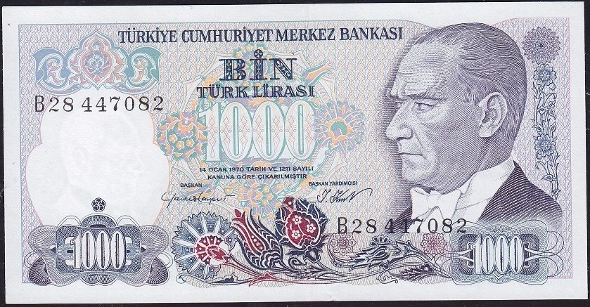 7.Emisyon 1.Tertip 1000 Lira B28 447082 Çilaltı ( Kat yok )