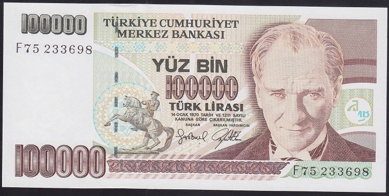 7.EMİSYON 3.TERTİP 100000 LİRA F75 233698 ÇİL