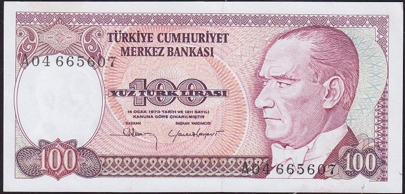 7.Emisyon 1.Tertip 100 Lira A04 665607 Çilaltı
