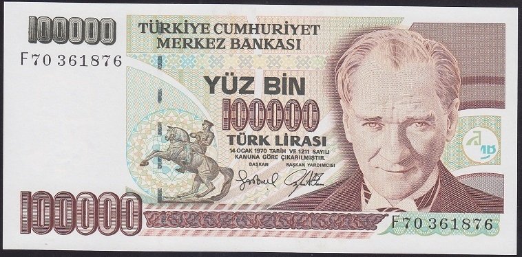 7.EMİSYON 3.TERTİP 100000 LİRA F70 361876 ÇİL
