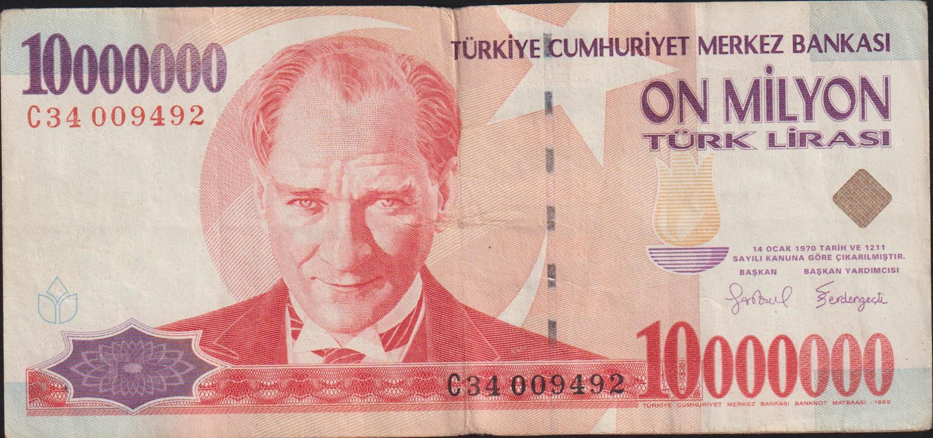 7.Emisyon 10 000 000 Lira C34 009492 Çok Temiz