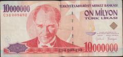 7.Emisyon 10 000 000 Lira C34 009492 Çok Temiz
