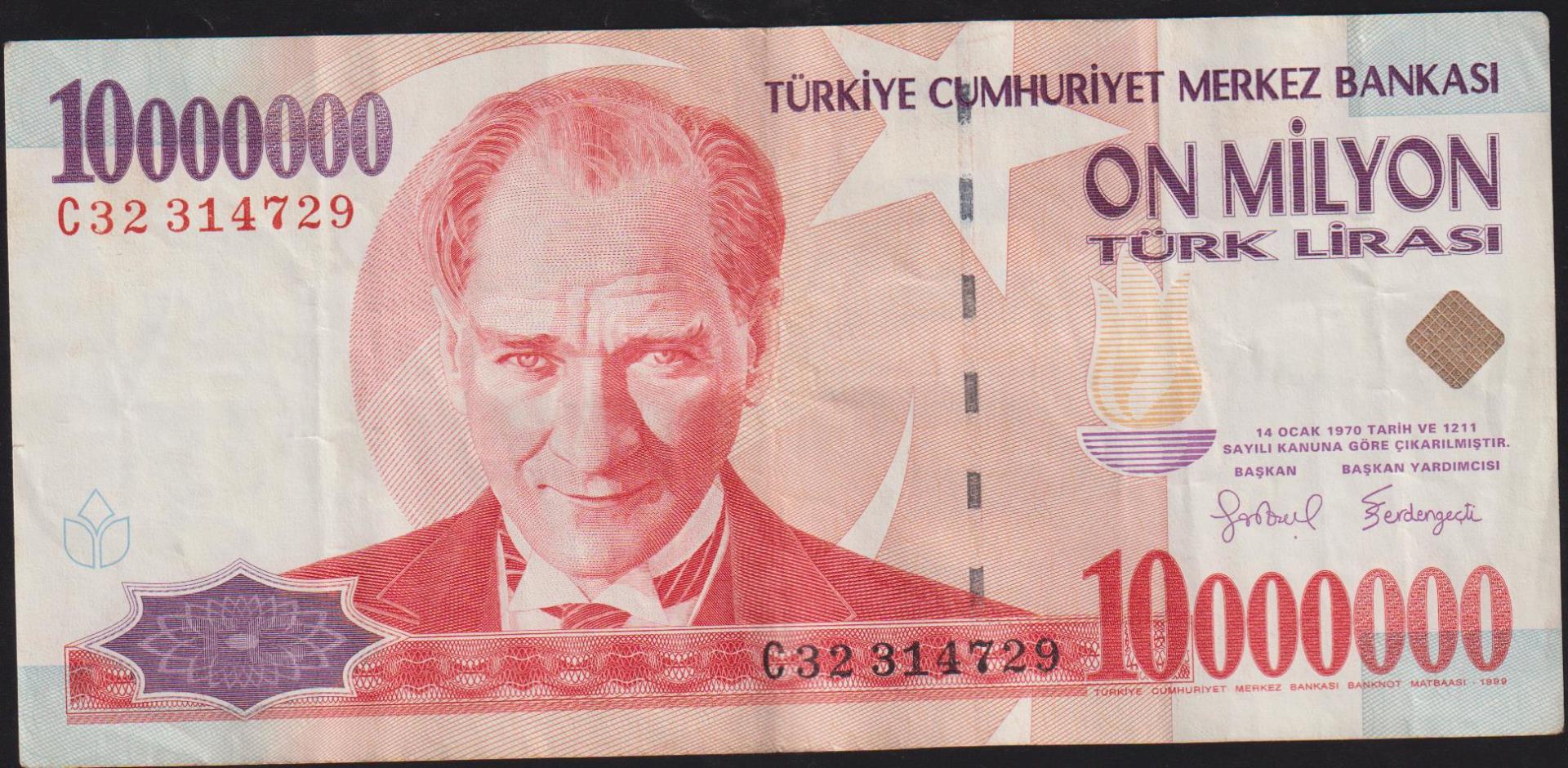 7.Emisyon 10 000 000 Lira C32 314729 Çok Temiz+