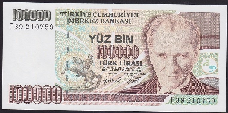 7.EMİSYON 3.TERTİP 100000 LİRA F39 210759 ÇİL