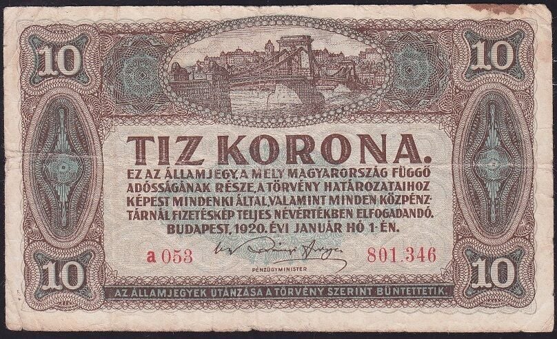 Macaristan 10 Korona 1920 Çok Temiz