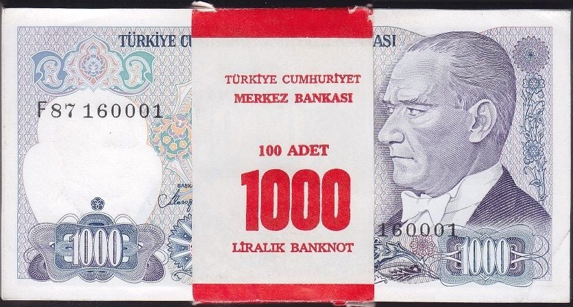7.Emisyon 2.Tertip 1000 Lira F87 160001 - 160100 Deste ( 100 adet ) Seri Takipli Çil