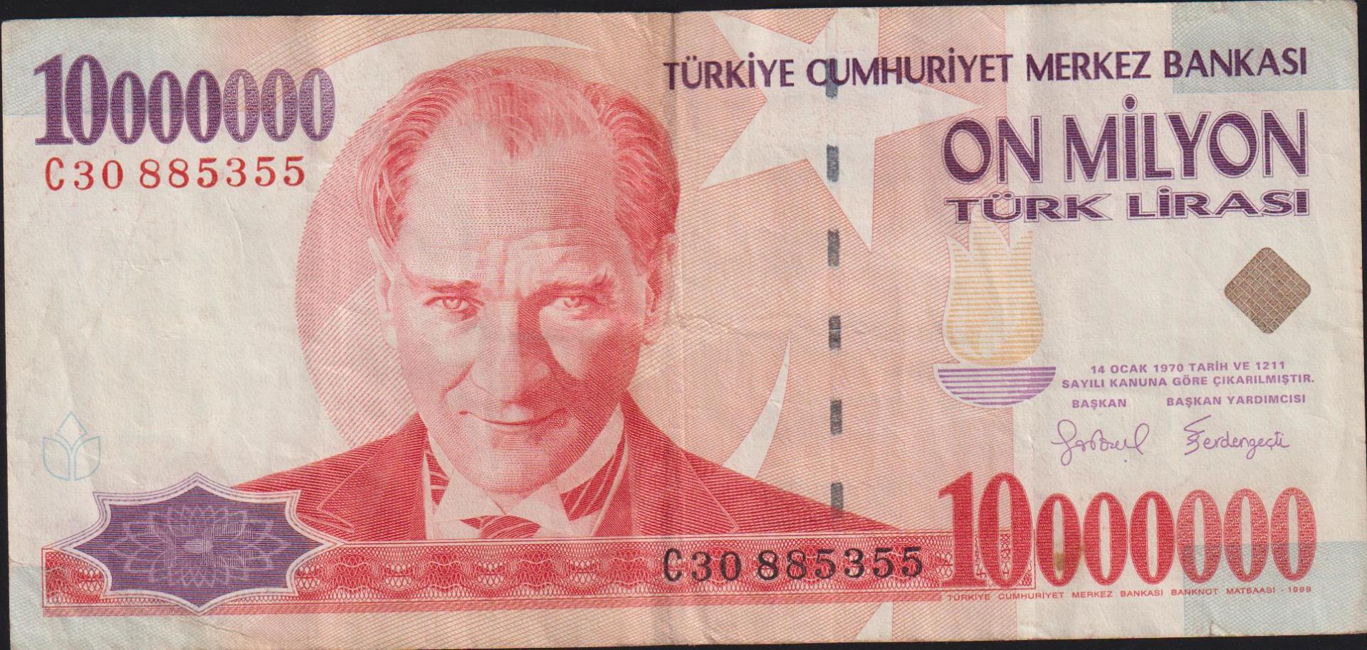 7.Emisyon 10 000 000 Lira C30 885355 Çok Temiz+