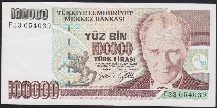 7.EMİSYON 3.TERTİP 100000 LİRA F33 054039 ÇÇT +