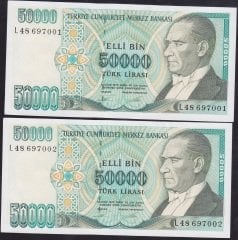 7.EMİSYON 2.TERTİP 50000 LİRA L48 697001 - 7002 ÇİL 2 ADET SERİ TAKİPLİ