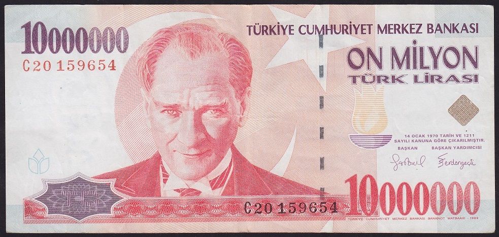 7.Emisyon 10 000 000 Lira C20 159654 Çok Temiz+