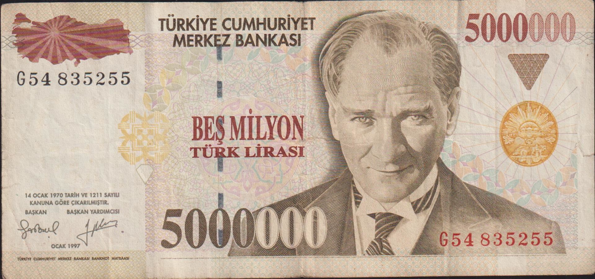 7.Emisyon 5 000 000 Lira G54 835255 Çok Temiz