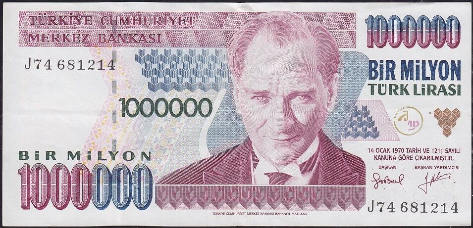 7.Emisyon 2.Tertip 1 000 000 Lira J74 681214 Çok Temiz+