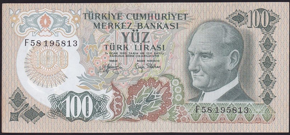 6.Emisyon 2.Tertip 100 Lira F58 195813 Çok Çok Temiz+