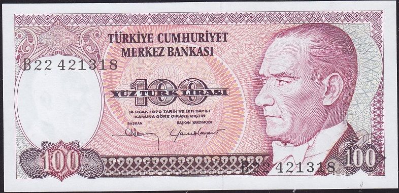 7.Emisyon 1.Tertip 100 Lira B22 421318 Çil