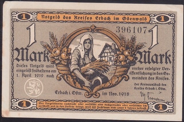 ALMANYA  1 MARK NOTGELD  1919 ÇİLALTI ÇİL