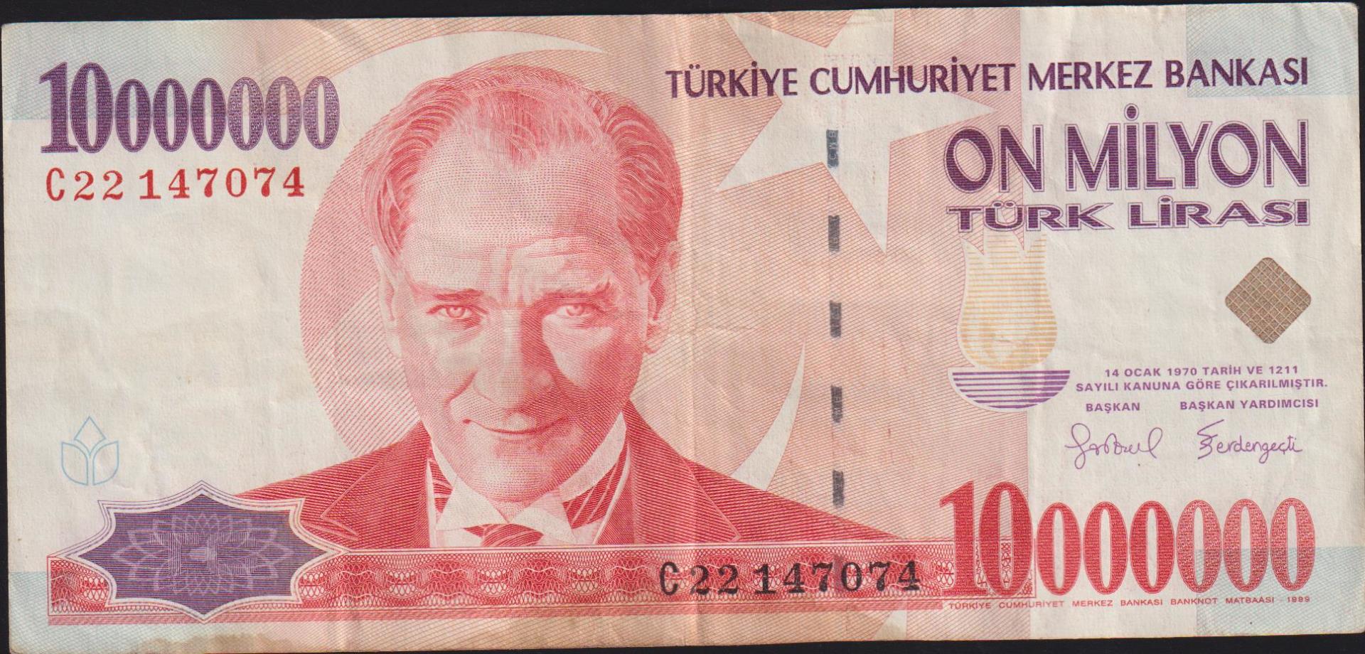 7.Emisyon 10 000 000 Lira C22 147074 Çok Temiz+
