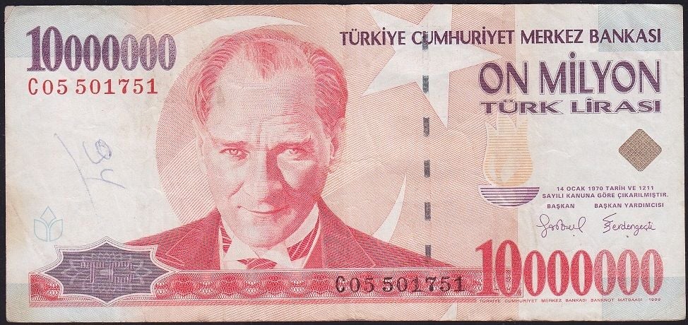 7.Emisyon 10 000 000 Lira C05 501751 Çok Temiz