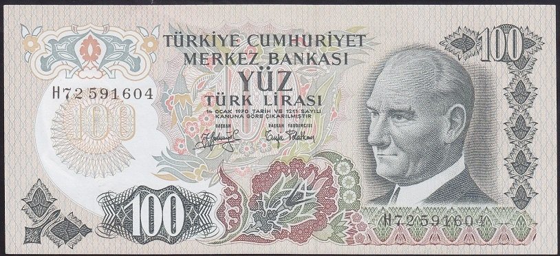 6.EMİSYON 2.TERTİP 100 LİRA H72 591604 ÇİLALTI eski para