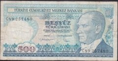 7.EMİSYON 2.TERTİP 500 LİRA C89 257480 TEMİZ