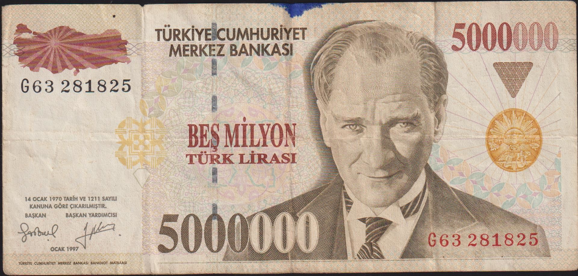 7.Emisyon 5 000 000 Lira G63 281825 Temiz