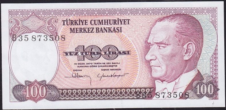 7.Emisyon 1.Tertip 100 Lira B35 873508 Çil