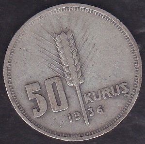 1936 YILI 50 KURUŞ GÜMÜŞ eski para mezat