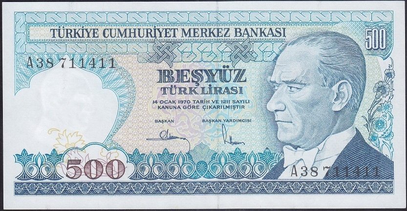 7.EMİSYON 1.TERTİP 500 LİRA A38 711411 ÇİL eski para alan yerler