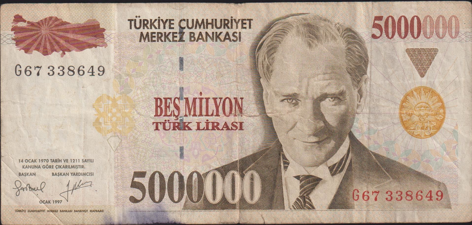 7.Emisyon 5 000 000 Lira G67 338649 Temiz