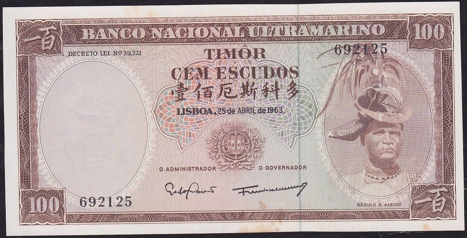 Timor 100 Escudos 1963 Çilaltı Çil Pick 28a ( Sararma var)