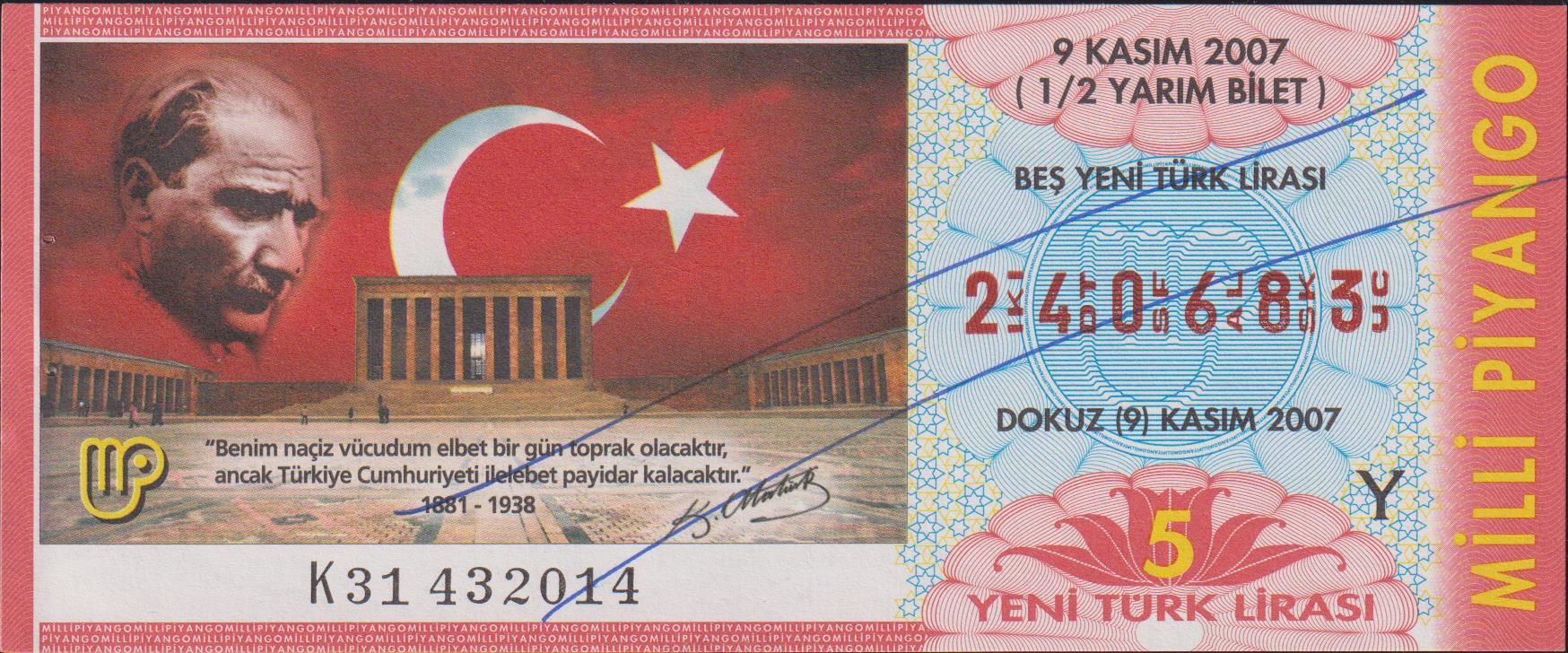 2007 9 Kasım Yarım Bilet Y Serisi