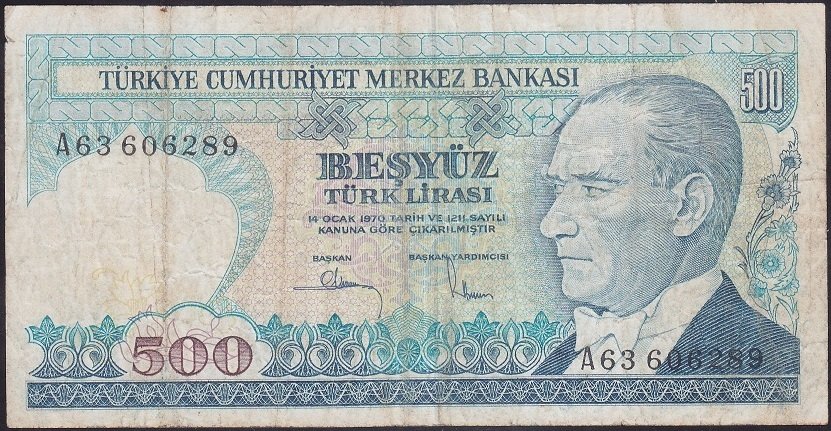 7.EMİSYON 1.TERTİP 500 LİRA A63 606289 TEMİZ