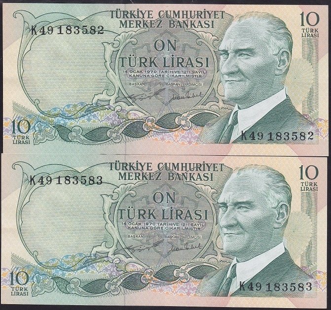 6.EMİSYON 2.TERTİP 10 LİRA K49 183582 - 583 SERİ TAKİPLİ 2 ADET ÇÇT ÇİLALTI