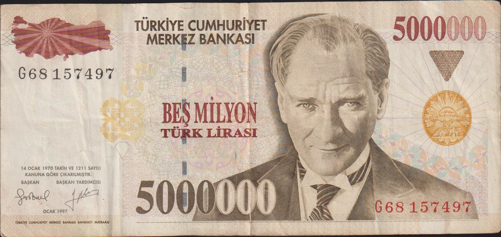 7.Emisyon 5 000 000 Lira G68 157497 Çok Temiz