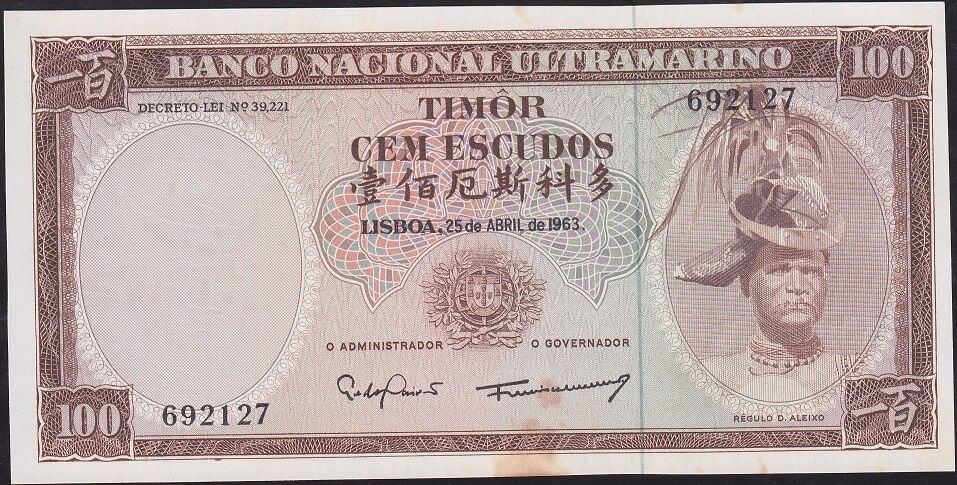 Timor 100 Escudos 1963 Çilaltı Çil Pick 28a ( Sararma var)