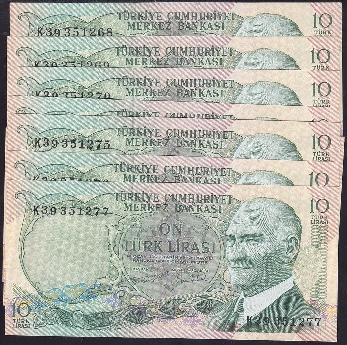 6.EMİSYON 2.TERTİP 10 LİRA K39 351268 - 277 SERİ TAKİPLİ 10 ADET ÇİLALTI ÇİL