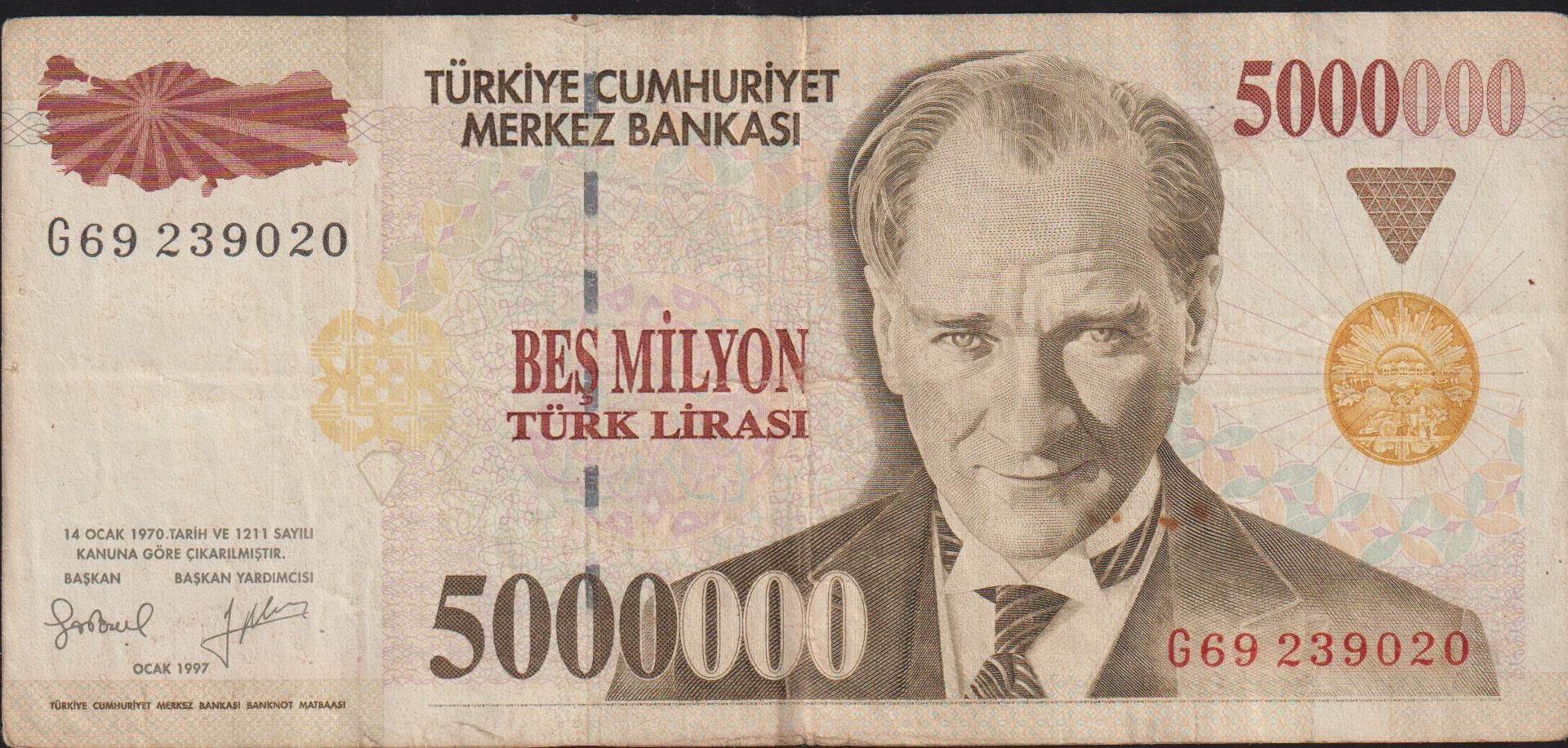 7.Emisyon 5 000 000 Lira G69 239020 Çok Temiz