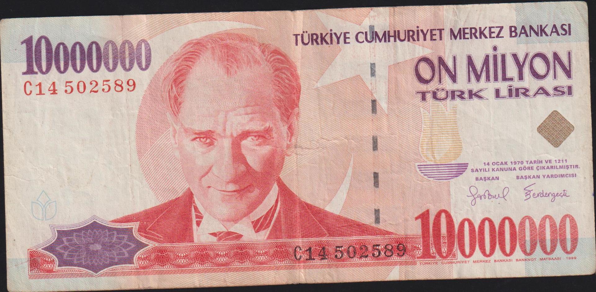 7.Emisyon 10 000 000 Lira C14 502589 Çok Temiz