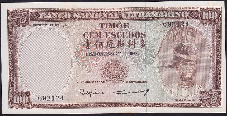 Timor 100 Escudos 1963 Çilaltı Çil Pick 28a ( Hafif sararma var)