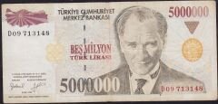 7.Emisyon 5 000 000 Lira D09 713148 Çok Temiz