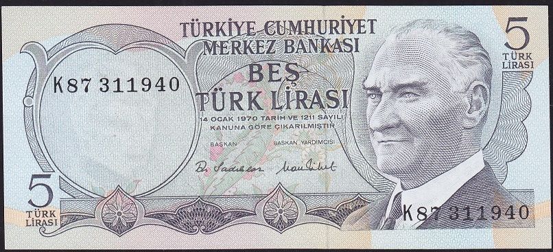 6.Emisyon 2.Tertip 5 Lira K87 311940 Çilaltı Çil