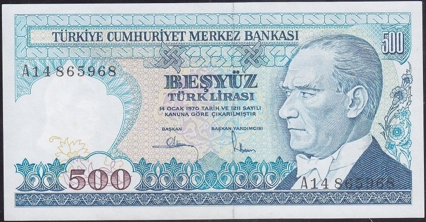 7.EMİSYON 1.TERTİP 500 LİRA A14 865968 ÇİLALTI ÇİL eski para koleksiyon mezat
