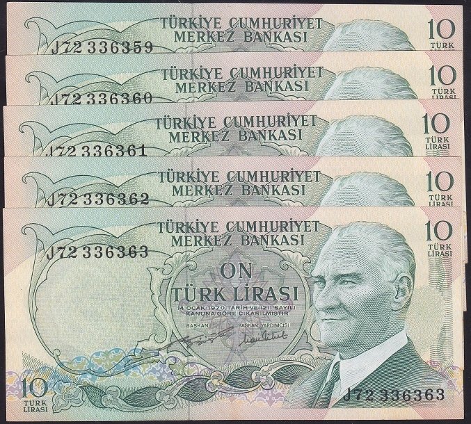 6.EMİSYON 2.TERTİP 10 LİRA J72 336359 - 363 SERİ TAKİPLİ 5 ADET ÇİLALTI