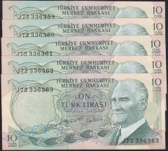 6.EMİSYON 2.TERTİP 10 LİRA J72 336359 - 363 SERİ TAKİPLİ 5 ADET ÇİLALTI