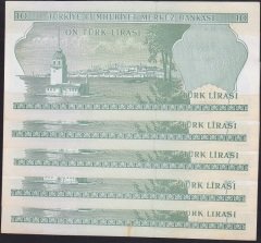 6.EMİSYON 2.TERTİP 10 LİRA J72 336359 - 363 SERİ TAKİPLİ 5 ADET ÇİLALTI
