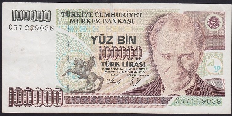 7.EMİSYON 1.TERTİP 100000 LİRA C57 229038 ÇÇT (C NİN SON NUMARASI)