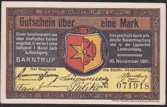 ALMANYA 1 MARK NOTGELD 1921 ÇİL