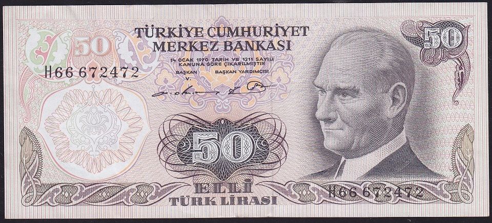 6.Emisyon 1.Tertip 50 Lira H66 672472 Çok Temiz+