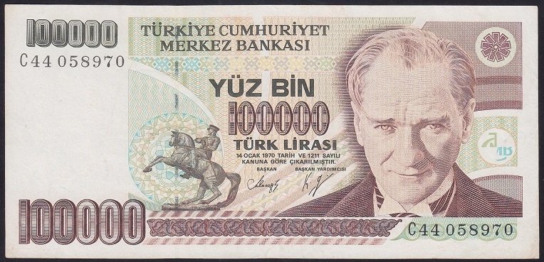 7.EMİSYON 1.TERTİP 100000 LİRA C44 058970 ÇOK TEMİZ