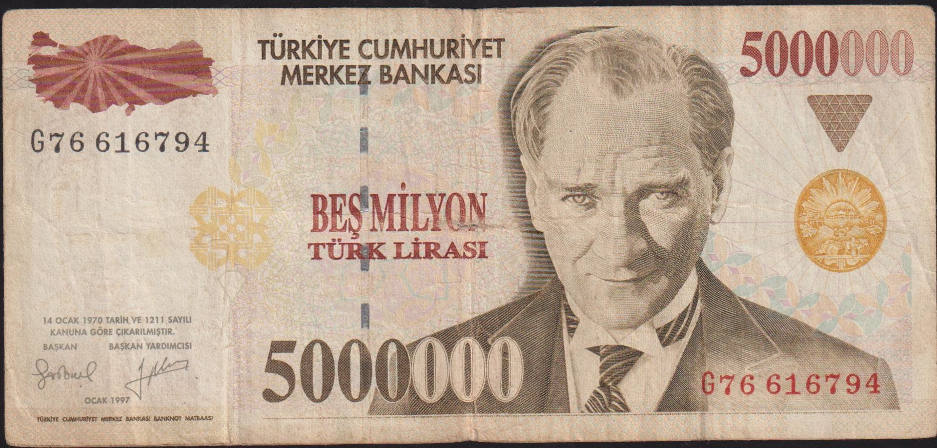 7.Emisyon 5 000 000 Lira G76 616794 Çok Temiz
