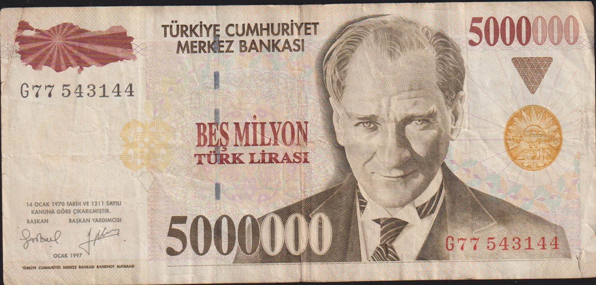 7.Emisyon 5 000 000 Lira G77 543144 Temiz